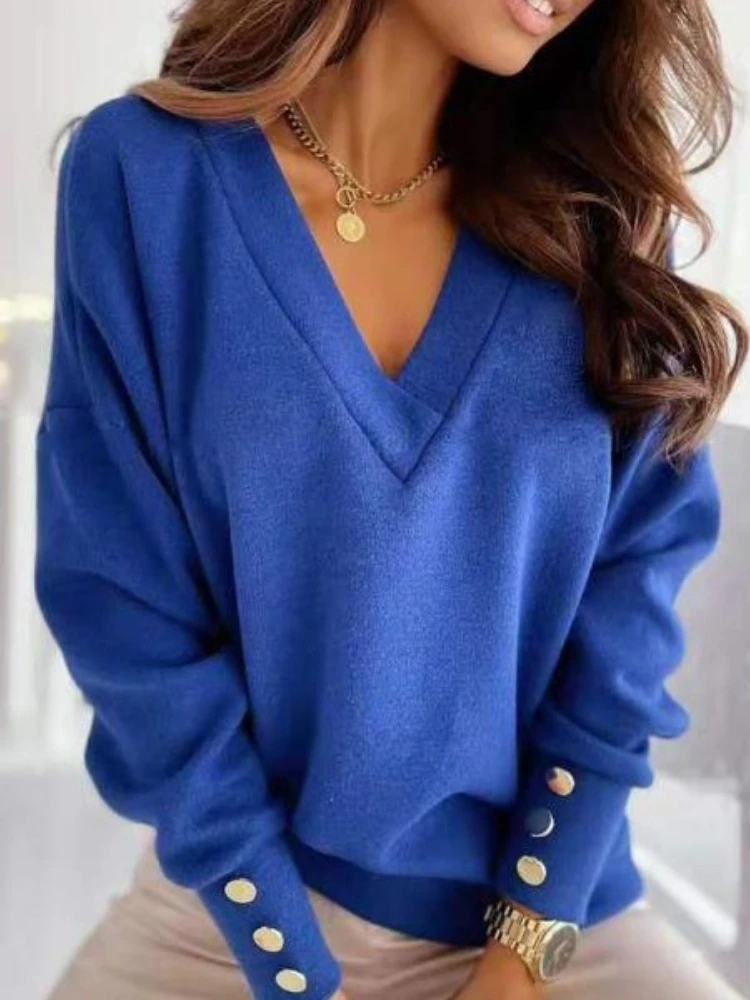 

Womens Clothing New In Sweater Pure Color Cuff Button Knitwears Tops Temperament V-neck Pullovers Fashion Women Sweaters 2023
