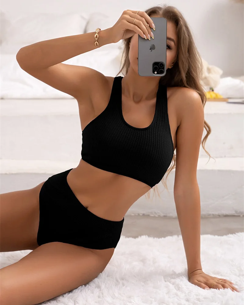 

Однотонные комплекты бикини, новинка 2023, женские купальники с высокой талией, купальник с перекрестной спиной, сексуальный купальный костю...