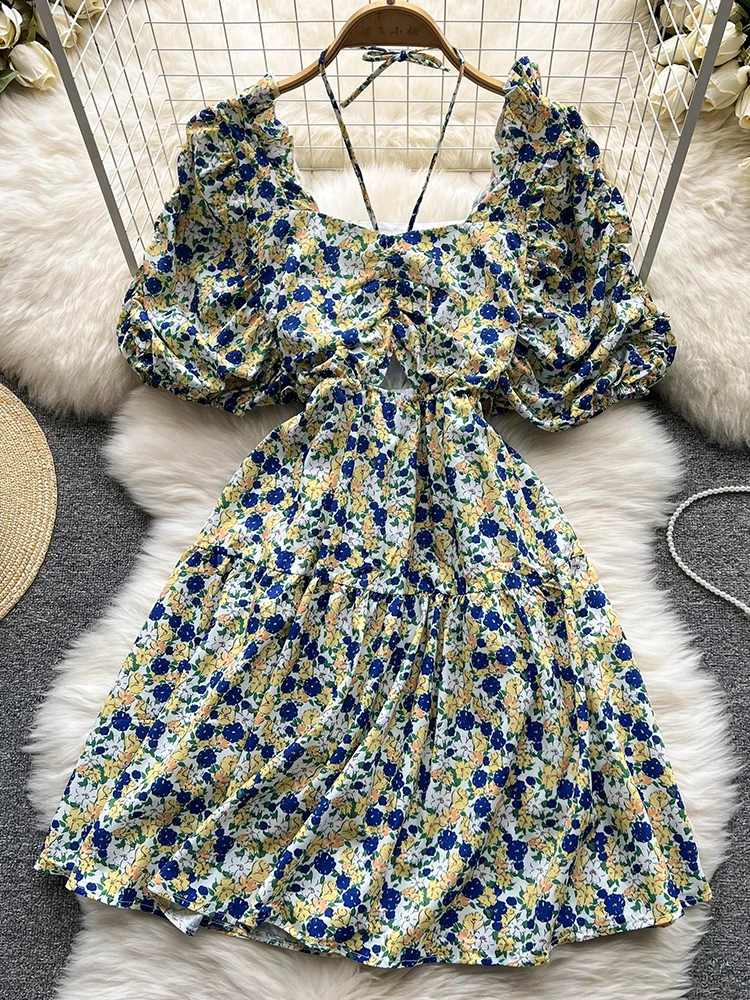 

FTLZZ New Summer Elegant Women Square Collar Puff Sleeve Mini Dress Casual Lady Floral Print Dress Empire Slim Dress