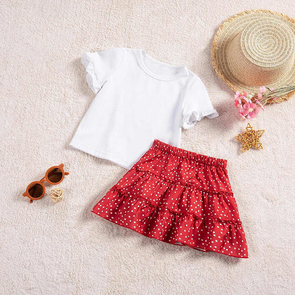 

Toddler Baby Girls Dresses Set Fashion White T-shirt Top Polka Dot Skirt 2Pcs Suit for Children Summer Outfits