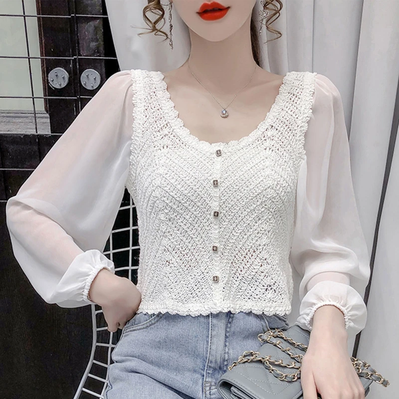 2023 Новый женский французский шифоновый укороченный кардиган с длинными рукавами