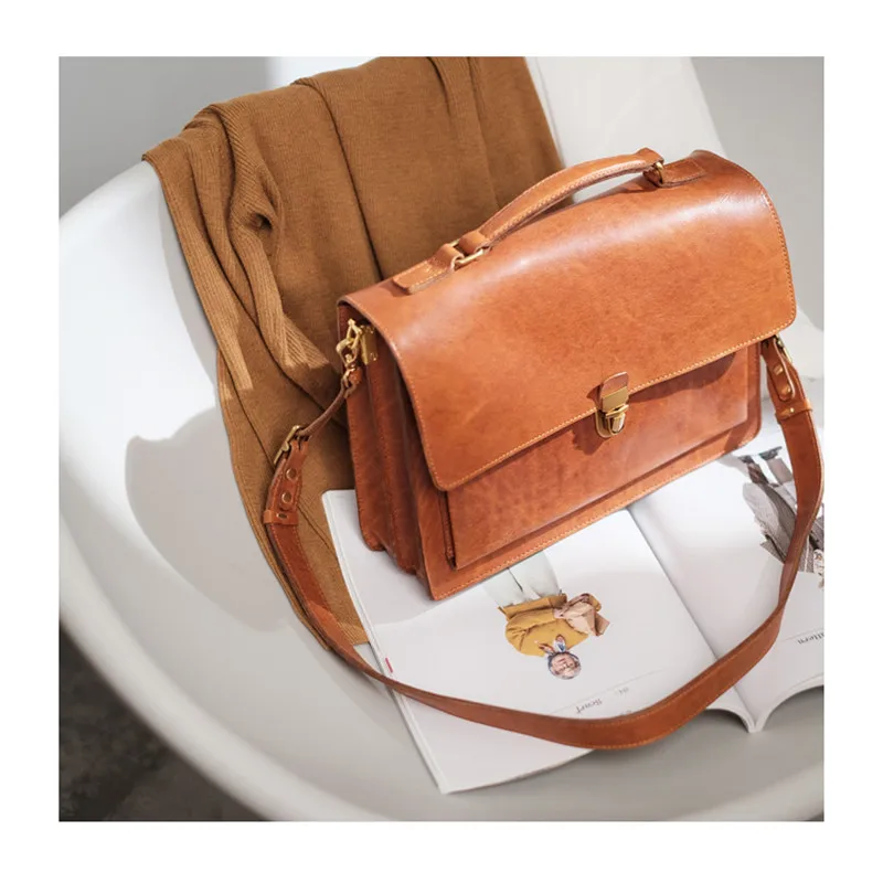 Fashion luxury genuine leather women's briefcase designer business casual real cowhide work handbag female lock messenger bag