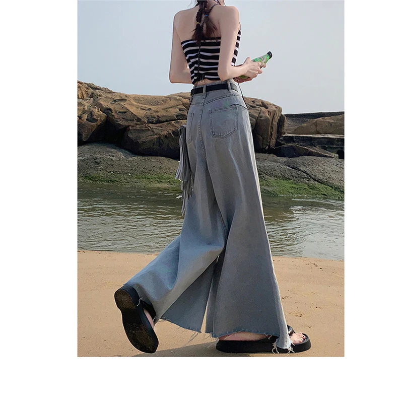 Jeans women's blue 2023 long pants high street summer loose wide leg floor mop thin loose straight tube floor mop