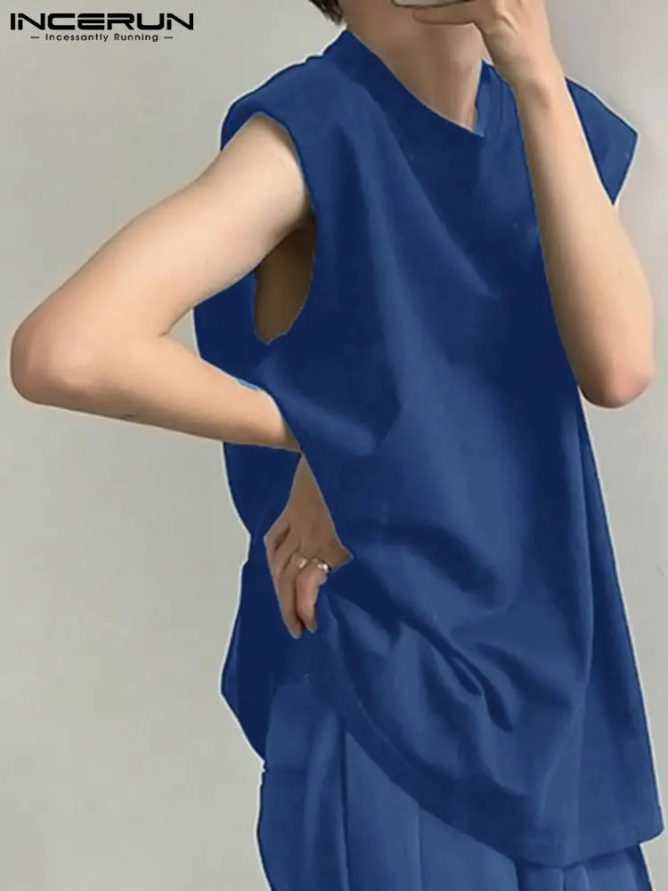 

INCERUN Fashion Men Tank Tops Solid Color O-neck Sleeveless Loose Vests Korean Summer 2022 Streetwear Casual Men Clothing S-5XL