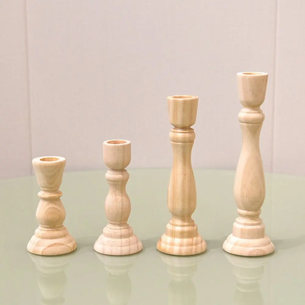 Chunky Rustic Shabby Chic Carved Pillar Church Wooden Candlesticks Stand Wedding Decoration