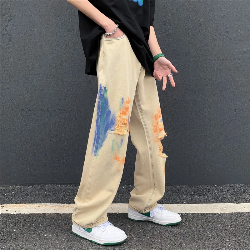 Korean version of the khaki trend ins men's ripped jeans women's personality straight loose hip-hop casual wide-leg trousers