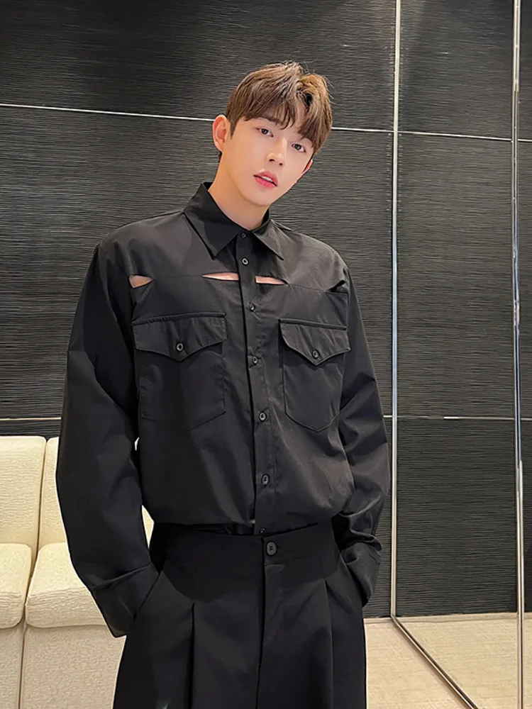 

SYUHGFA 2023 Spring Lapel Long Sleeve Patchwork Hollow Out Shirt For Men Two Pockets Loose Casual Style Tops Men Clothing