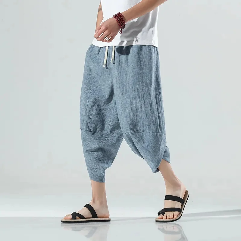 

Summer Harem Casual Pants Men Wide Leg Cotton Linen Calf Length Baggy Fashion Men's Clothing