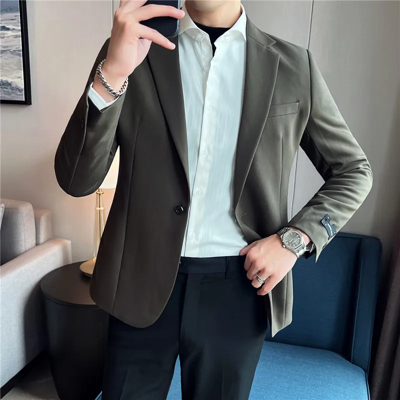 2022 Autumn Textured High-end Blazer Men Solid Color Casual Slim Suit Jacket Wedding Business Dress Coats Social Costume Homme