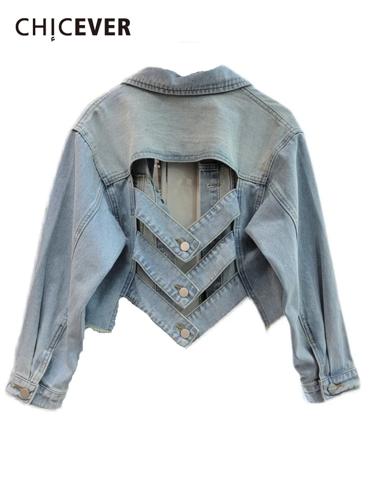 

CHICEVER High Street Solid Denim Jackets For Women Lapel Long Sleeve Single Breasted Folds Hollow Out Raw Hem Jacket Female New