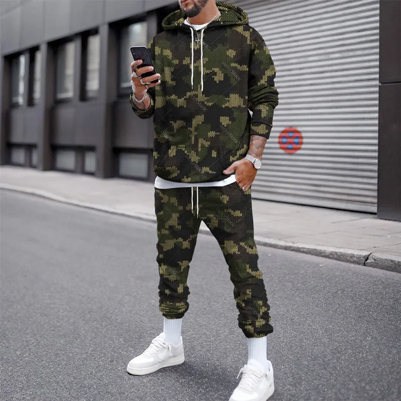 Autumn Winter Outfit Men Tracksuit Hoodie Sets Camouflage Clothing Tactical Sweatshirts Pants 2Piece Oversized Hooded Sport Suit