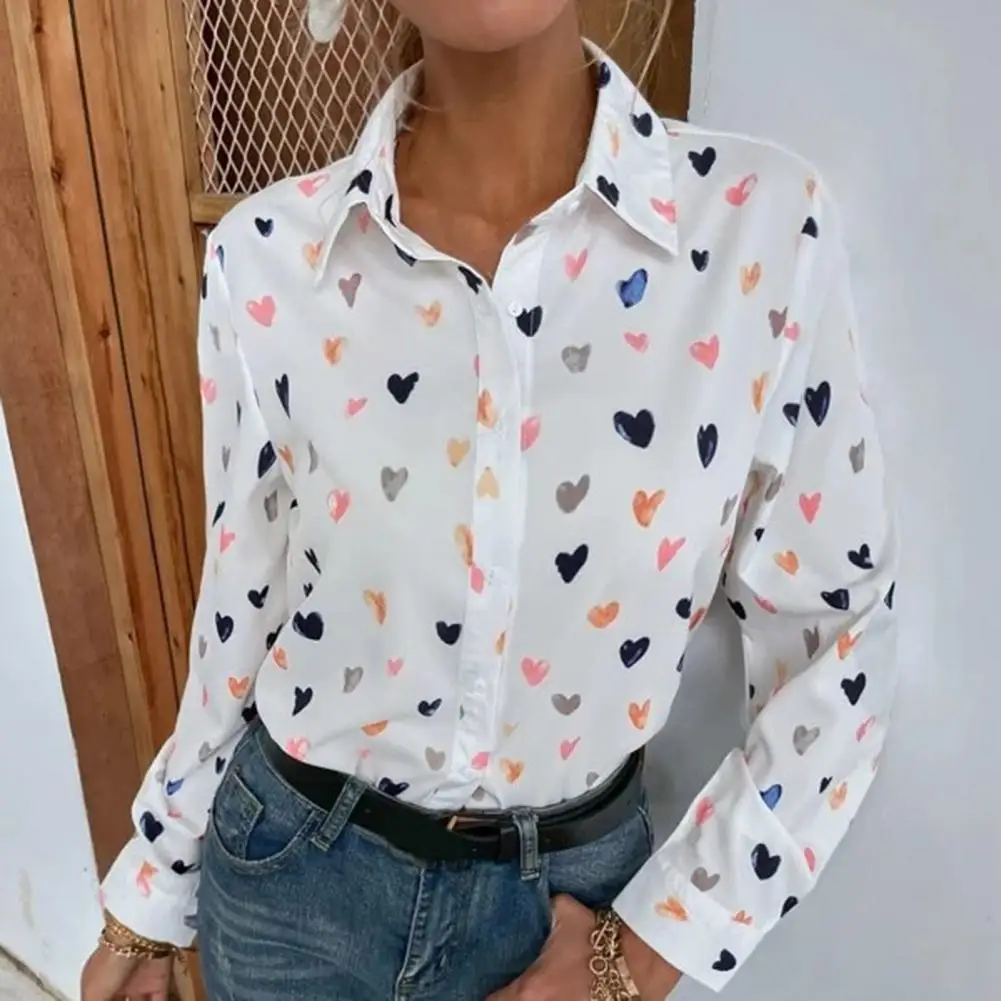 

Long Sleeve Single-breasted Women Shirt Chic Women's Lapel Long Sleeve Shirt Heart Butterflies Print Single for Fashionable