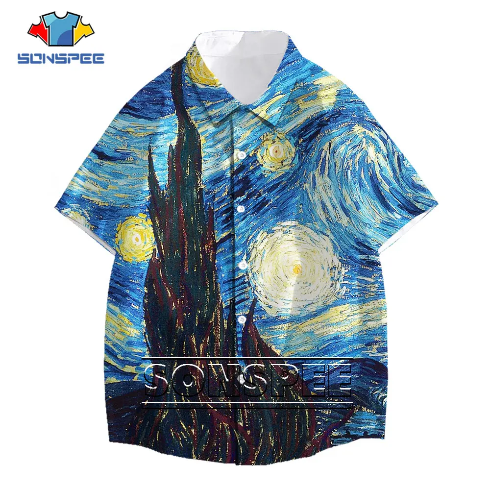 SONSPEE 3D Print Van Gogh Classic Oli Painting Shirt Draw Women Men's Casual Streetwear Harajuku Hawaiian Short Sleeve Shirts