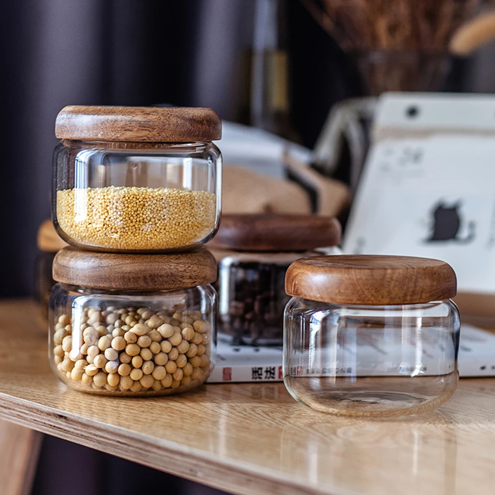 

Transparent Storage Tank Acacia Japanese-style Round Tea Can Dried Fruit Snack Grain Glass Sealed Storage Tank