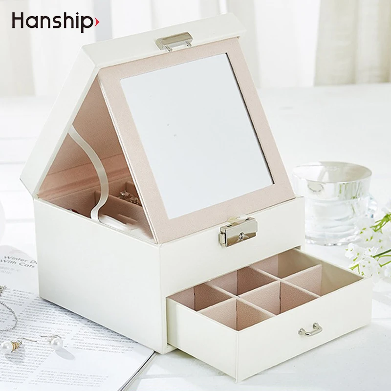 

2022 Double-layer With Mirror PU Leather Jewelry Organizer Case Rings Earrings Necklace Bracelet Watch Display Storage Box