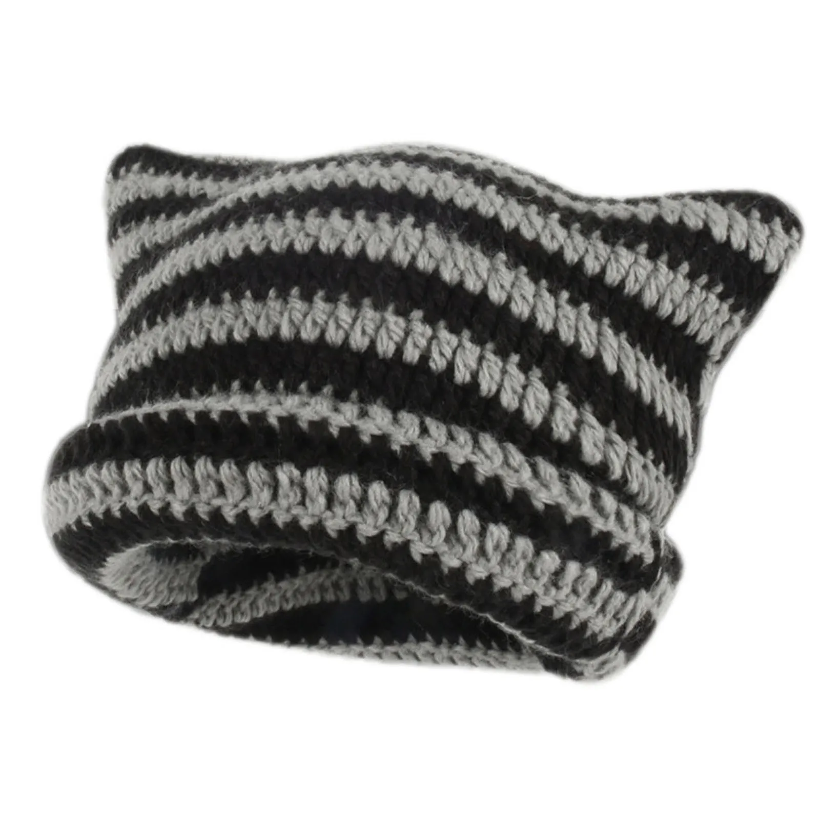 

Women Cat Ears Hats Soft Slouchy Striped Knitted Hat Trendy Winter Warm Crochet Braided Knitted Winter Hats Unisex Gentleman Hat