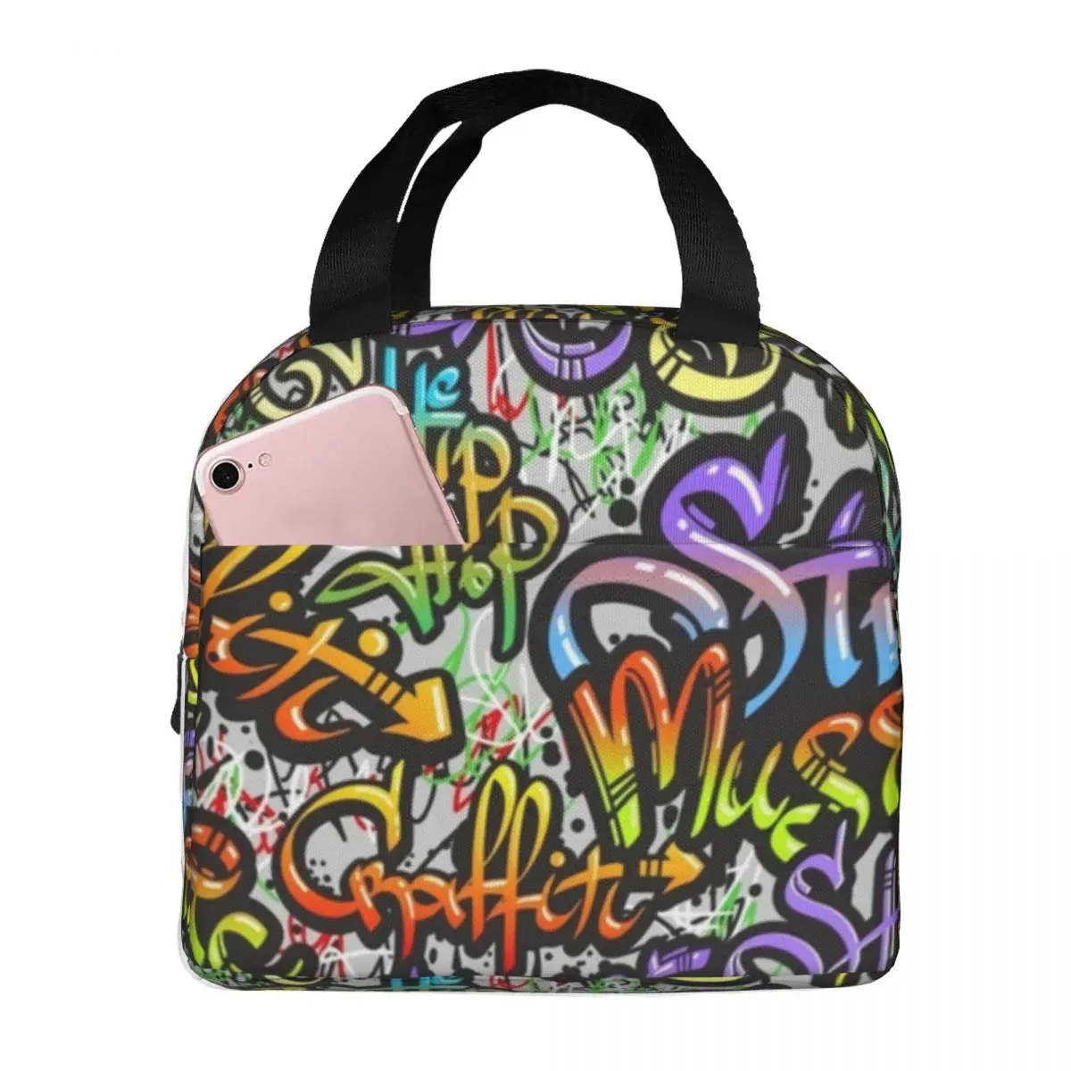 

Word Graffiti Street Art Lunch Bag with Handle Letter Print Travel Cooler Bag Zipper Aluminium Beautiful Thermal Bag