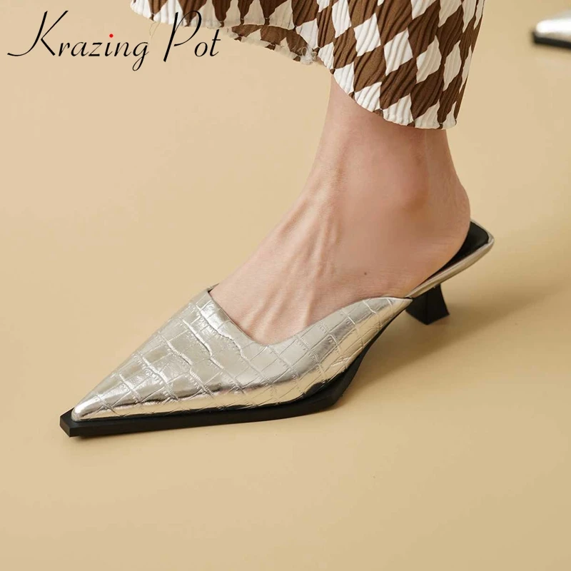 

Krazing Pot Genuine Leather Pointed Toe Thin High Heels Mules Young Lady Daily Wear Concise Style Mature Solid Women Pumps L96