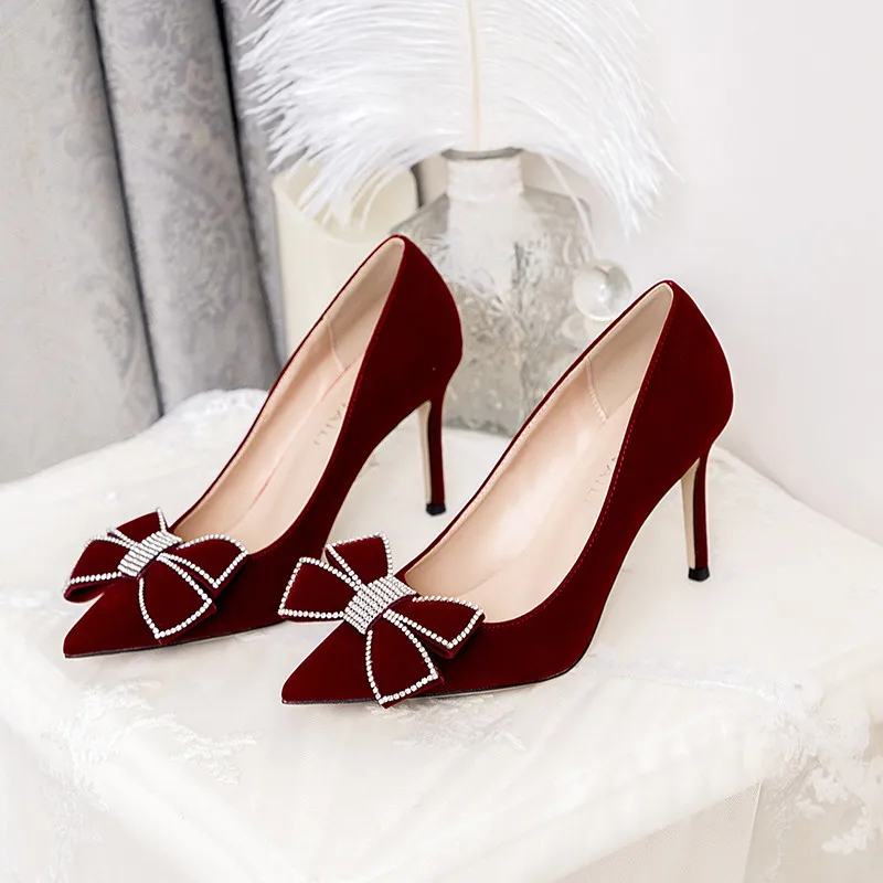 

Delicate Women's Burgundy Red Shoes for Wedding Bridal Faux Suede Pumps Woman Stiletto High Heels Crystal Bowknot Tacones Mujer