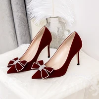 delicate womens burgundy red shoes for wedding bridal faux suede pumps woman stiletto high heels crystal bowknot tacones mujer