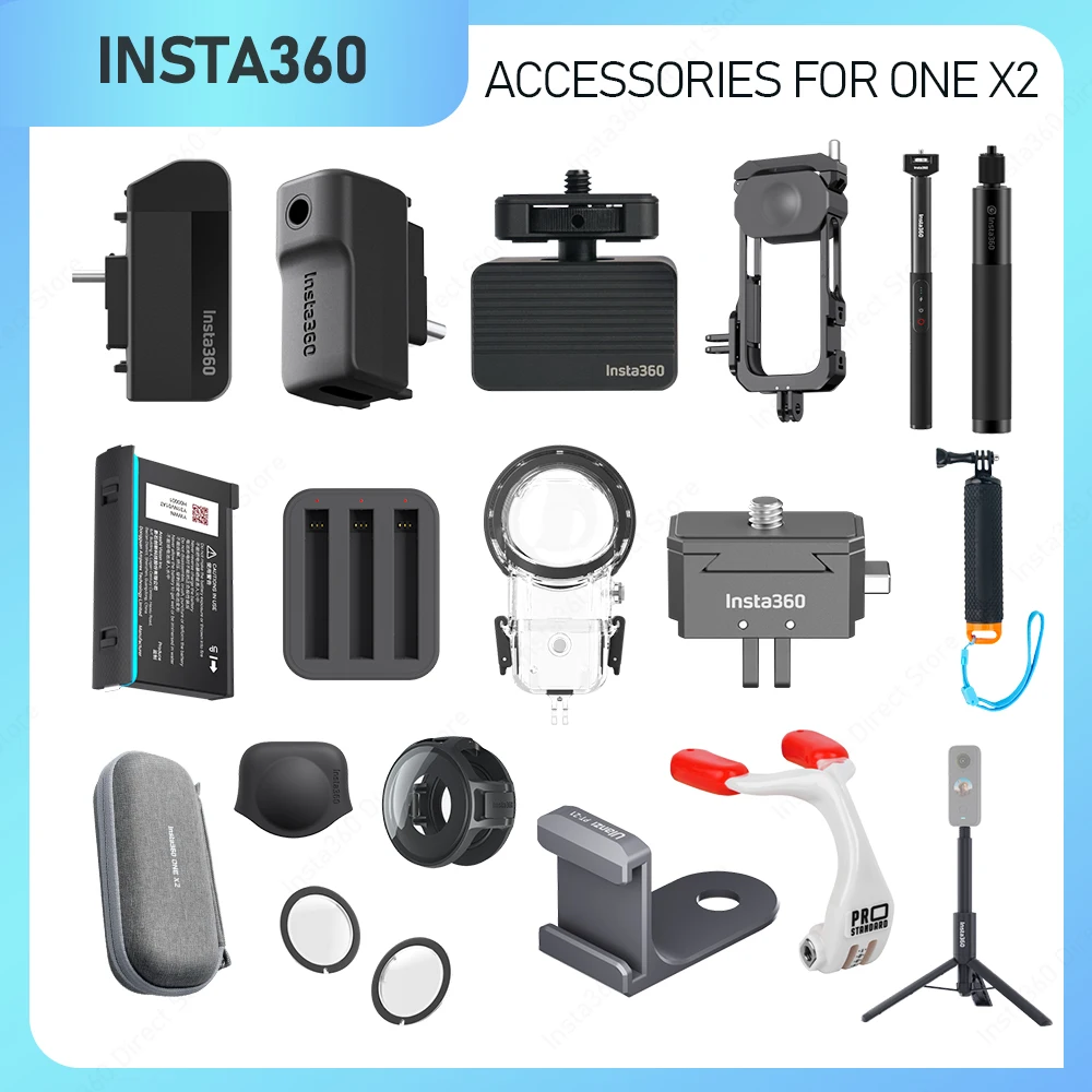 Insta360 ONE X2 Accessories (Battery/Hub/Tripod/Selfie Stick/Bullet Time Cord/Lens Guards/Carry Bag/Dive Case/Monkey Tail Mount)