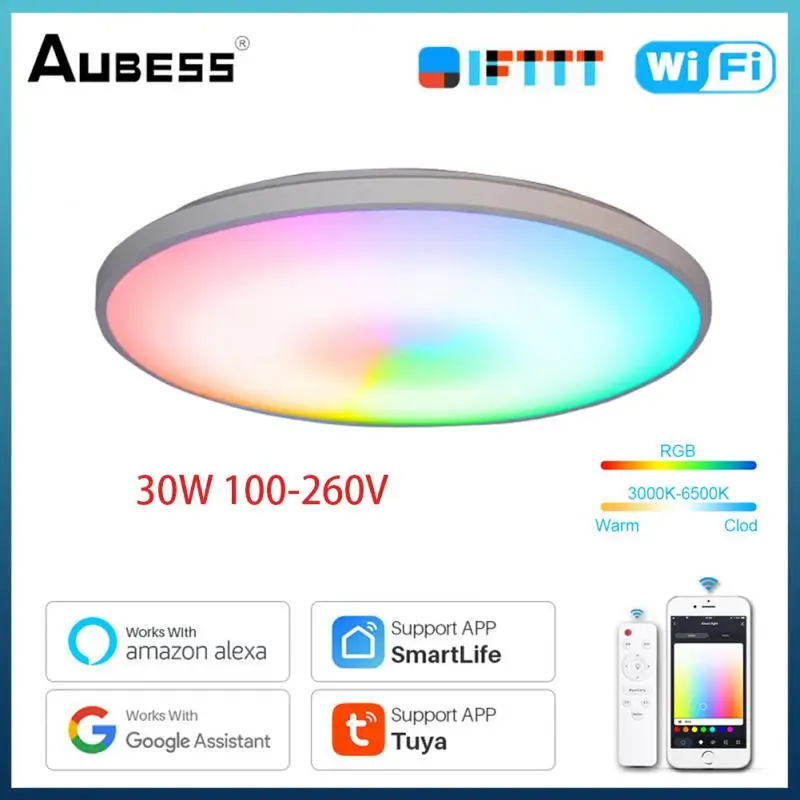 

Умный потолочный светильник Tuya с Wi-Fi, 30 Вт, RGB + C + W, Обесцвечивающий музыкальный потолочный светильник с голосовым управлением, с Amazon Alexa Google ...