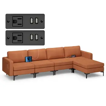 Costway Modular L-shaped Sectional Sofa w/ Reversible Chaise & 4 USB Ports Orange