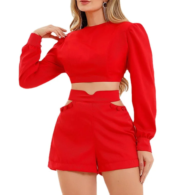 Women's 2023 Solid Color Short Long Sleeve Shirt Hollow Out High Waist Shorts Women's Fashion Casual Set Shorts Two Piece Set