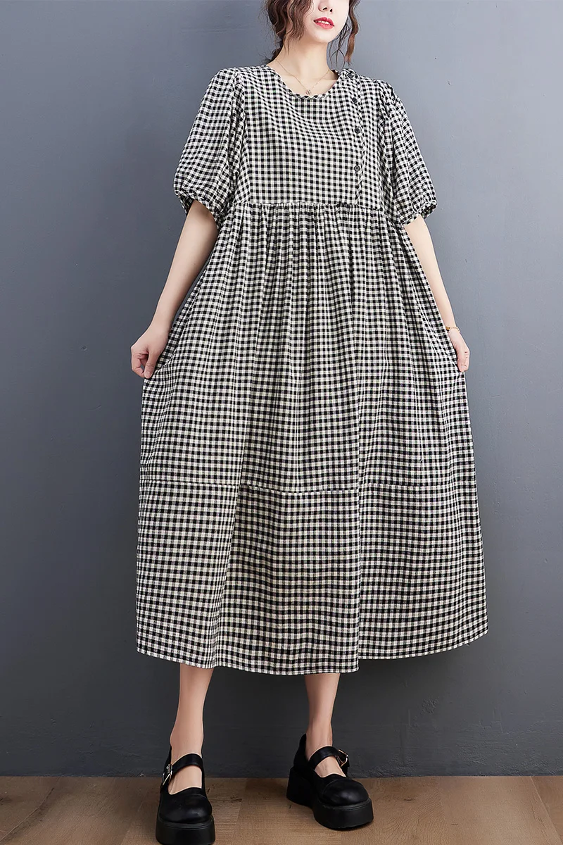 

Women Summer Large Size Cotton Linen Maxi Dress Checked Puff Sleeves Casual Midi Dress Cardigan Maternity Plaid Dress
