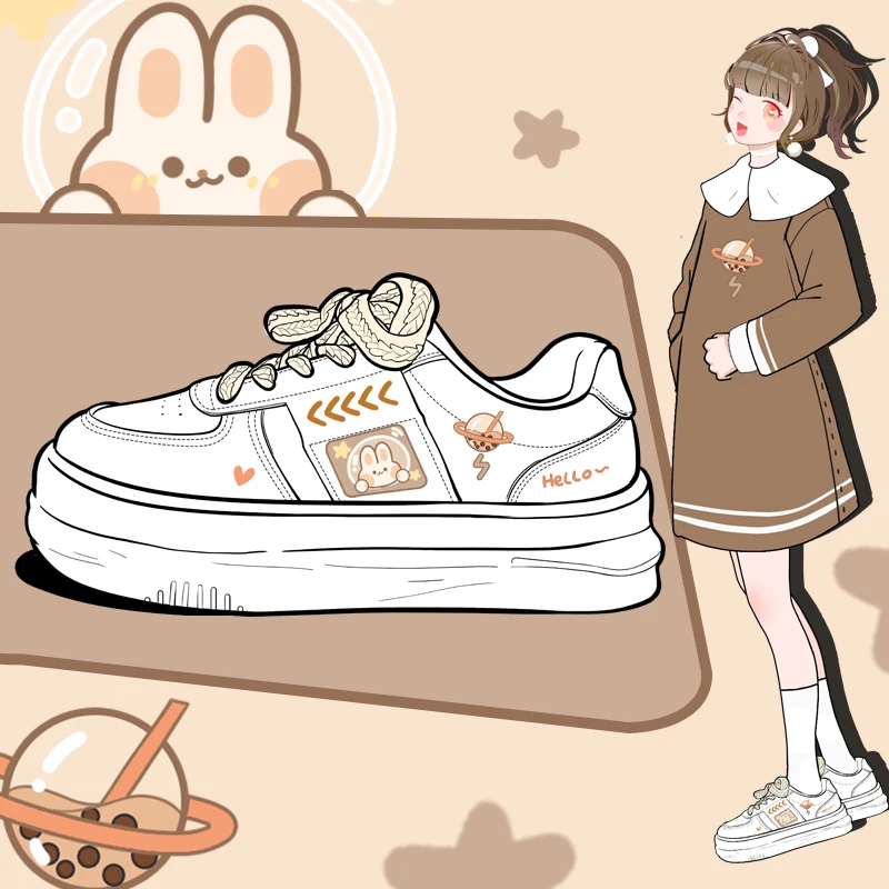 

Amy and Michael Kawaii Shoes Sweet Girls Students White Platform Sneakers Tennis Female Women Chunky Sports Trainers Breathable