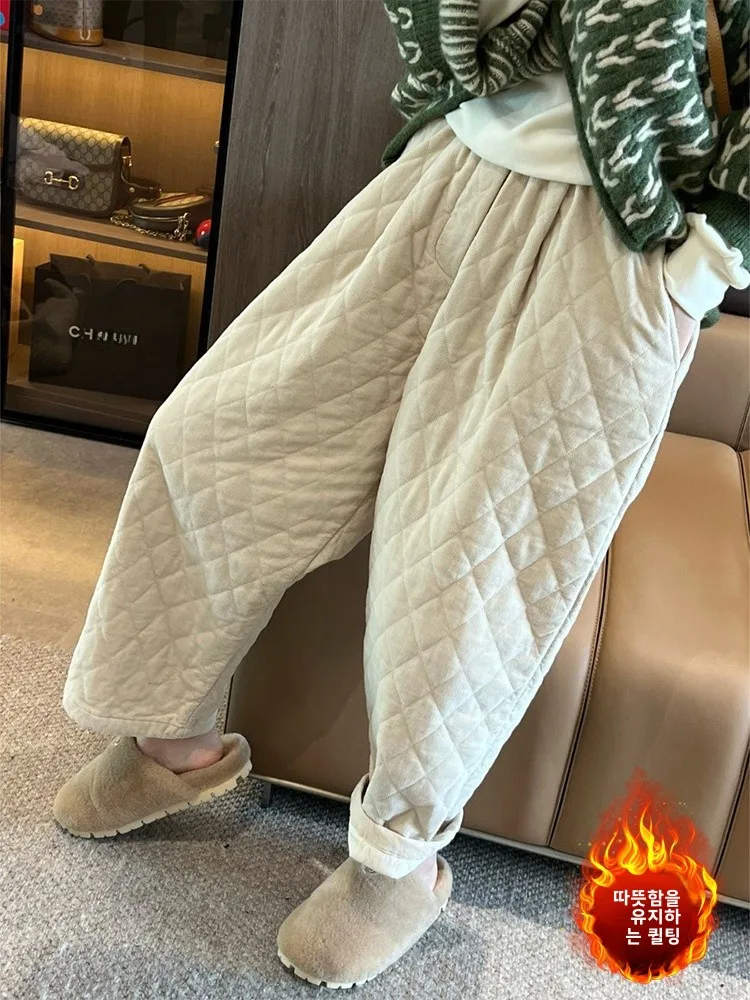 Plus Size Artistic Solid Corduroy Rhombus Quilted Warm Pants Plus size women clothing Elastic Waist Casual Slim Wide Le...