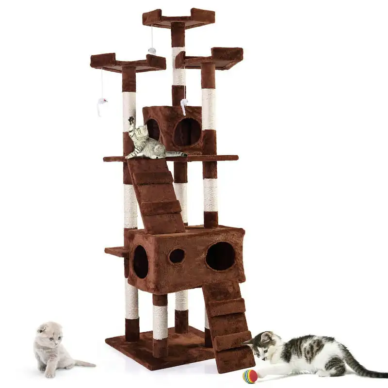 

67" H Multi-level Cat Tree Tower, Kitten Condo House Furniture with Scratching Posts, Brown