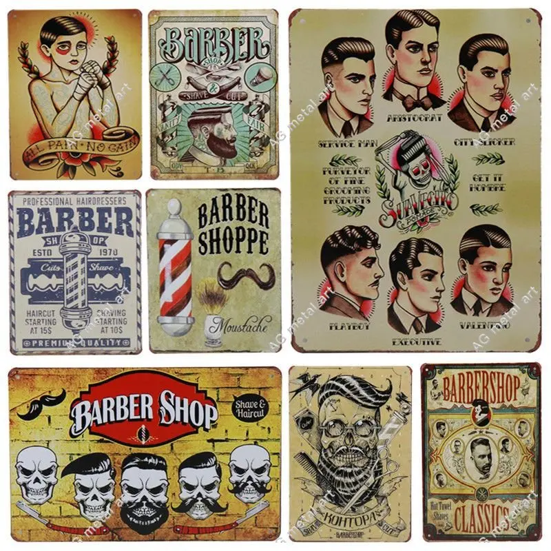 

Barbershop Tin Sign Vintage Metal Plaques Pin Up Signs Barber Tool Tattoo Store Craft Poster Haircut Shave Beard Plate Paintings