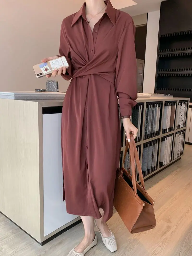 

Платье-рубашка HziriP однотонное, с длинным рукавом, осень 2022