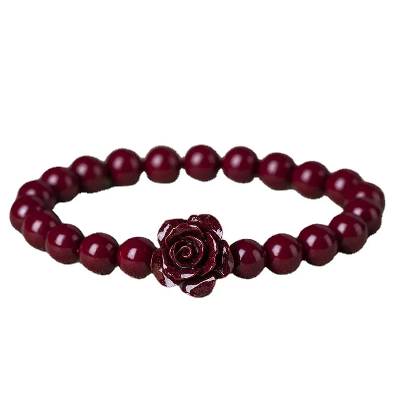 

Natural Red Organic Cinnabar Flower Charm Bracelet Women Cinnabrite Crystal Stone Round Beads Elastic Beaded Bracelets Bangles
