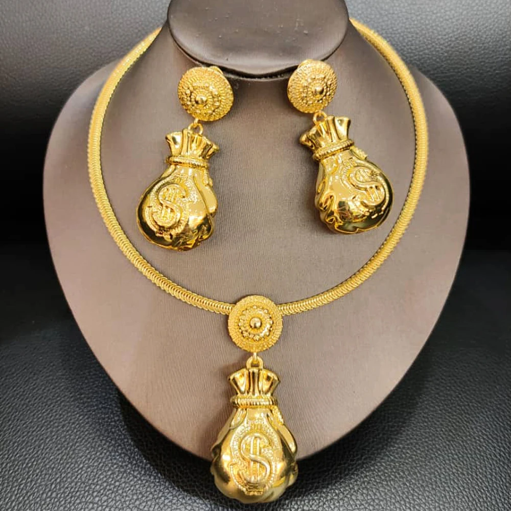 

Jewelry Sets for Women Wedding Jewelry Fashion Treasure Bag Shape 18K Gold Color Necklace Pendant Earrings Gifts Daily Wear