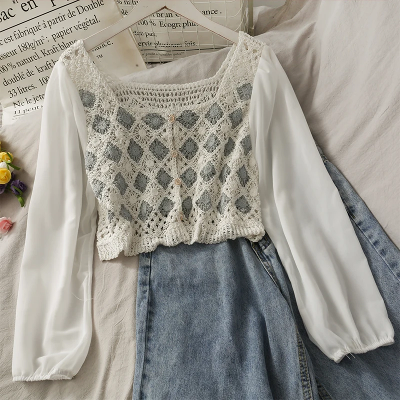 

OUMEA Spring Autumn Knitted Blouse Hollow Short Knitted Long Chiffon Puff Sleeve Embroidered Sweet Style Thin Front Button Top