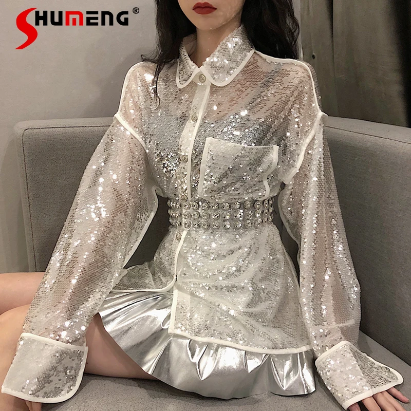 

2022 Spring New Woman Blingbling Glitter Mid-length Shirts White Single-breasted Long Sleeve Clothes Top Fashion Women-blouses