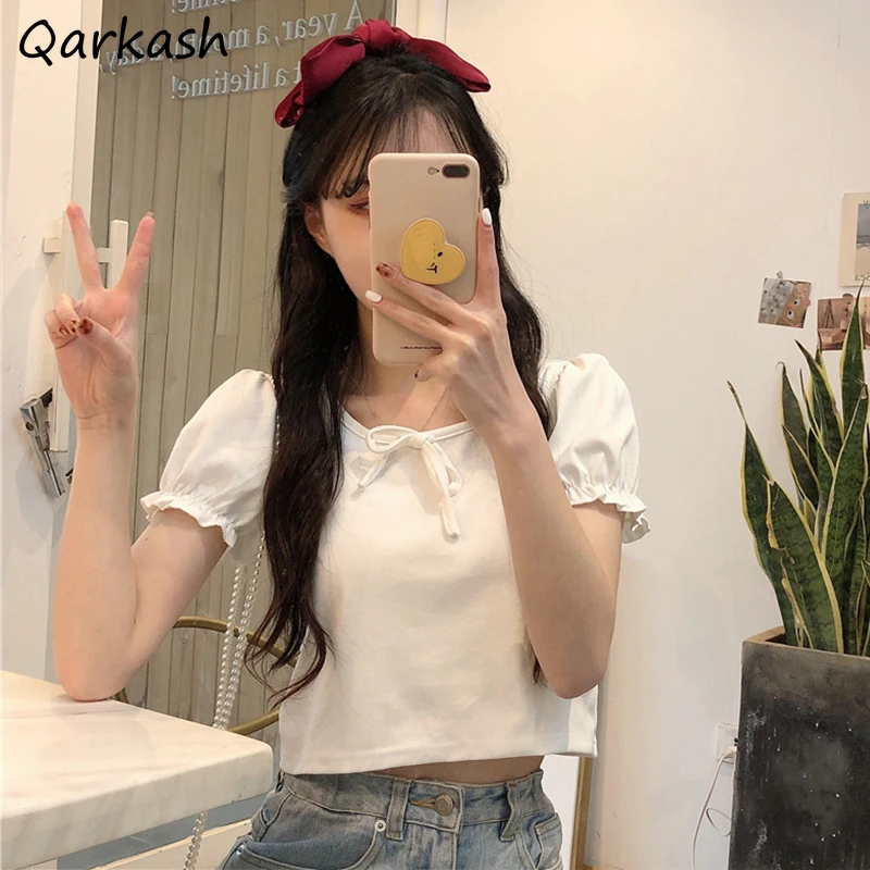 

Short Sleeve T-shirts Women Cute Preppy Style College Summer Crop Tops New Collection Harajuku Bow Pure Prevalent Fashion Korean