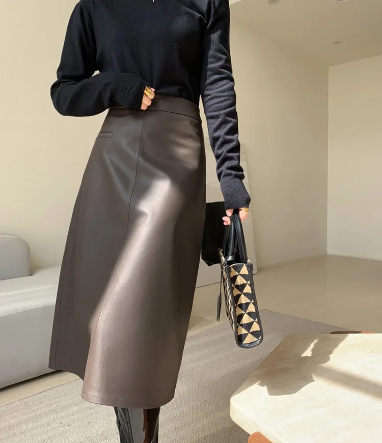 Женская юбка из натуральной овечьей кожи средней длины с высокой талией 2024