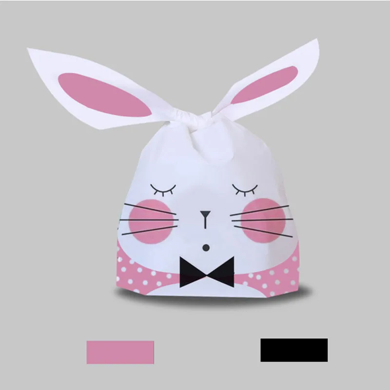 AQ 2022 Cute Pink Eyes Closed Bow Tie White Rabbit Homemade Candy Cookies Colored Plastic Bags Baby Party Biscuit Packaging Bag