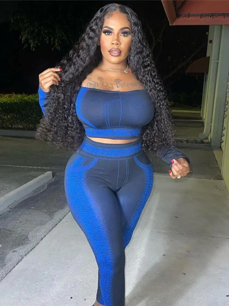 

Fashion Print Off Shoulder Crop Top Pants Skinny Suits Women Sexy Long Sleeve Bodycon 2 Piece Set Elegant Streetwear Lady Outfit