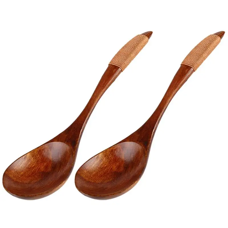 

2pcs Soup Spoon Japanese Style Wooden Spoons Creative Soup Spoon with Tied Line on Handle Vintage Tableware for Home Restaurant