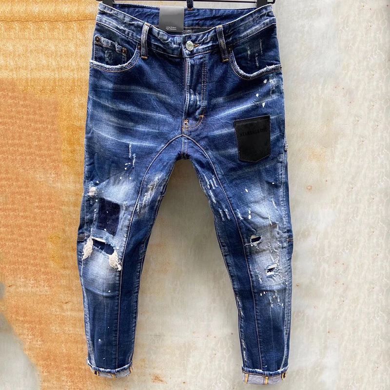2023 New Starbags DSQ Trendy Men's Wash, worn patches, paint, hand stitches, small feet, dark blue jeans for men