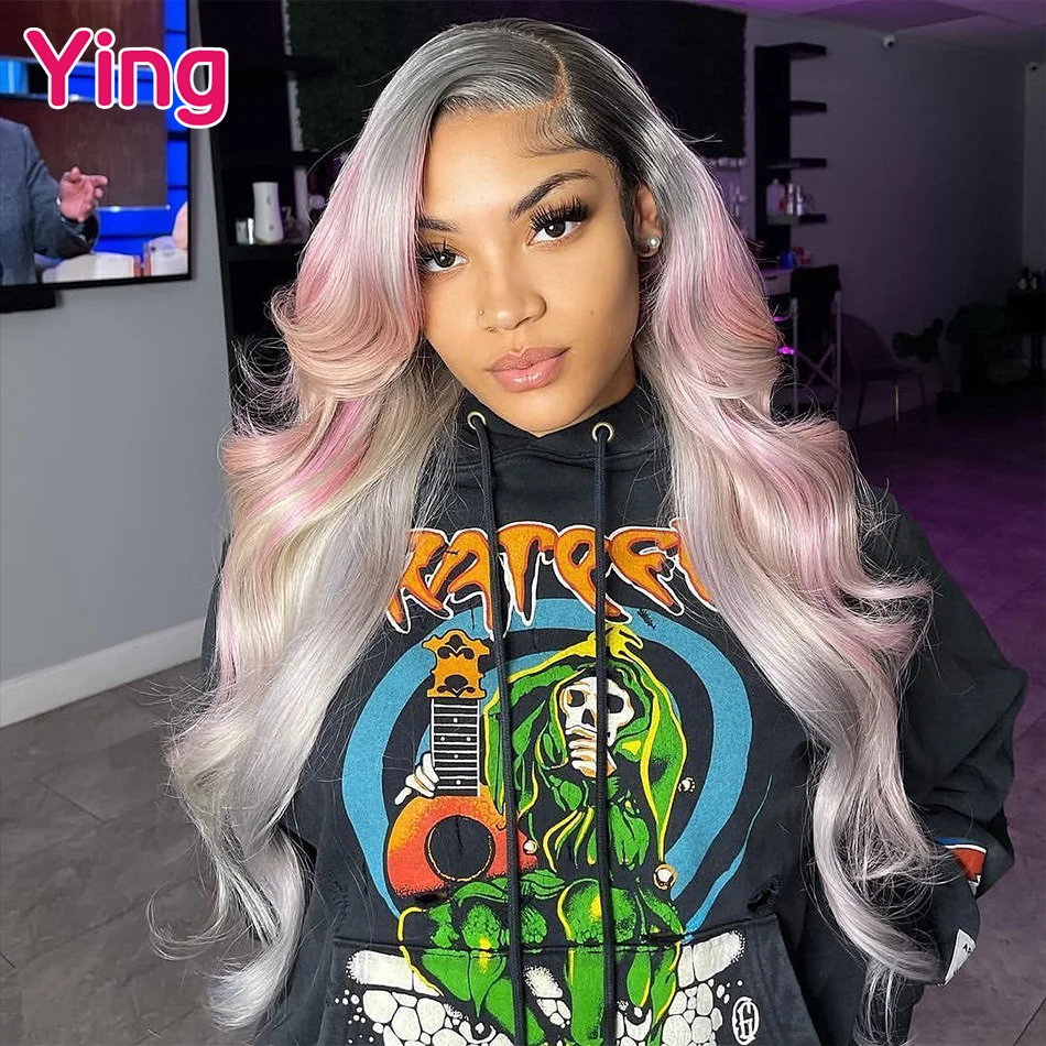 Highlight Pink Grey Colored 13X6 Lace Frontal Wig Human Hair Wig Body Wave 613 Blonde Brazilian Remy 180% 13X4 Lace Front Wigs