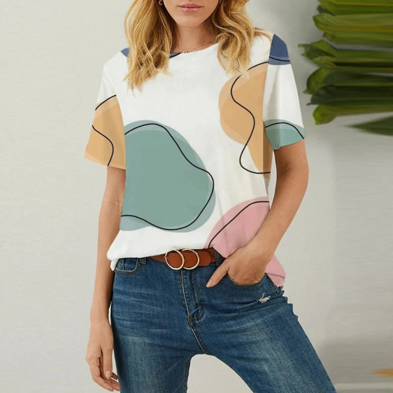 

Женская универсальная рубашка с коротким рукавом, винтажная блузка с абстрактным принтом и круглым вырезом, лето 2022