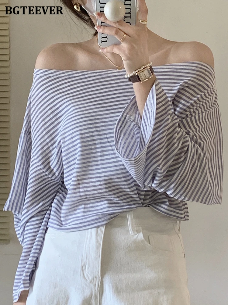 

BGTEEVER Casual Slash Neck Ladies Striped T-shirts Full Sleeve Loose Female Pullovers Tees 2022 Summer Fashion Wome Tops