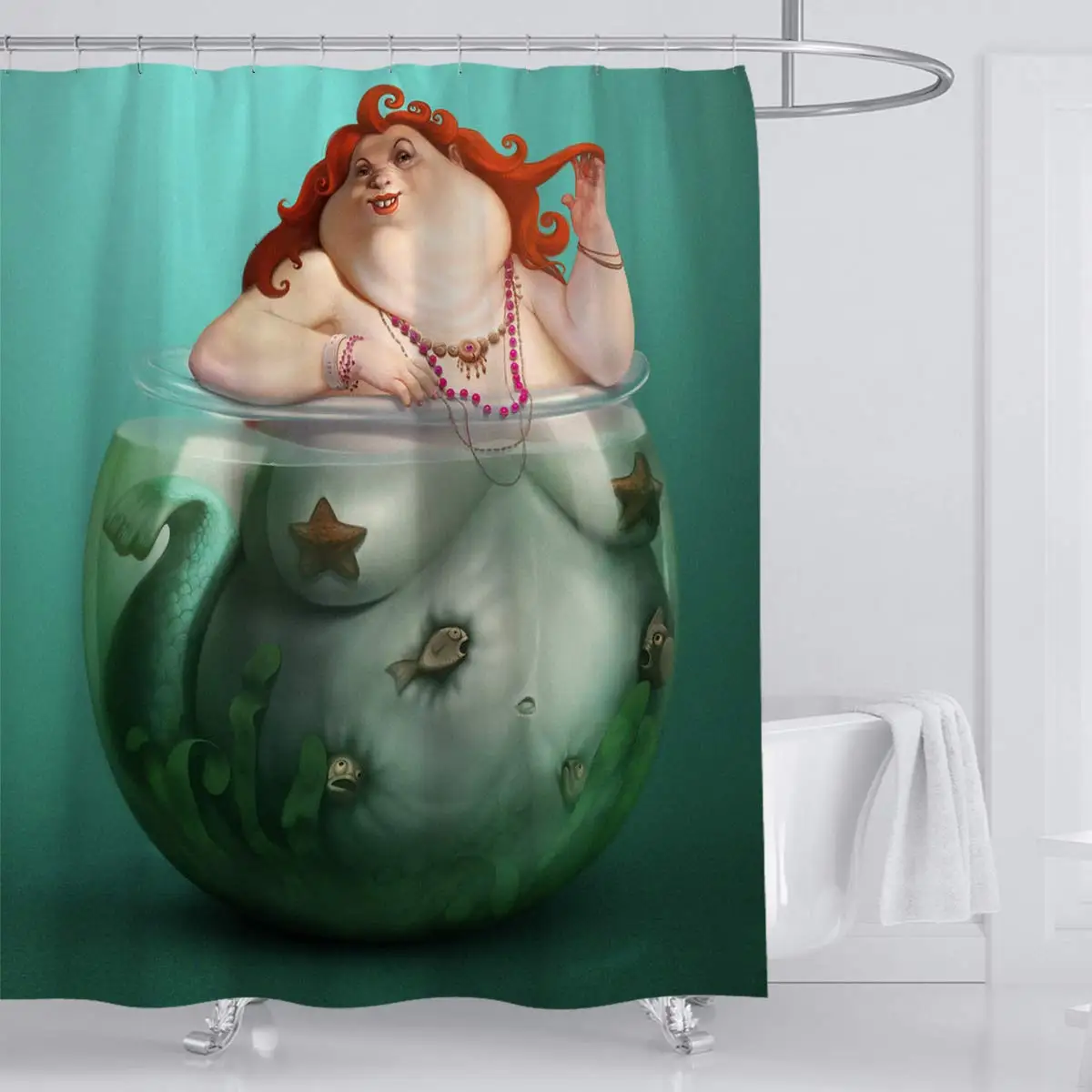 

Funny Fat Mermaid in The Fish Tank Shower Curtain Cute Lovely Shower Curtain Waterproof Opaque Odorless Shower Curtain.