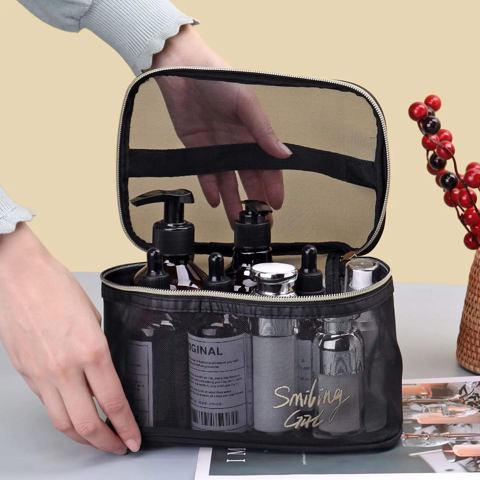Черная сетчатая косметичка для женщин дорожный Повседневный Органайзер на