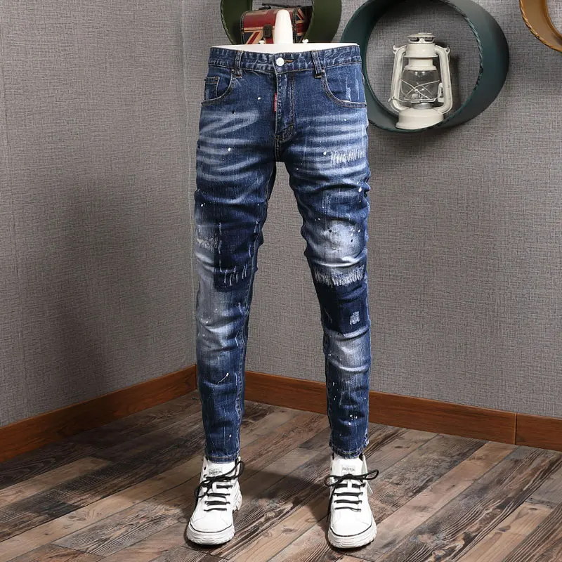 Street Fashion Men Jeans Retro Washed Blue Elastic Stretch Slim Fit Ripped Jeans Men Korean Style Vintage Designer Denim Pants